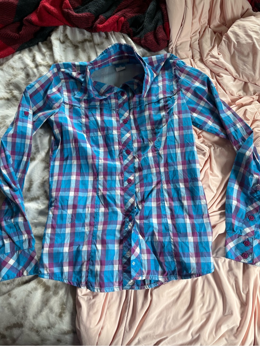 Columbia Turquoise & Purple Plaid Button-Down Shirt